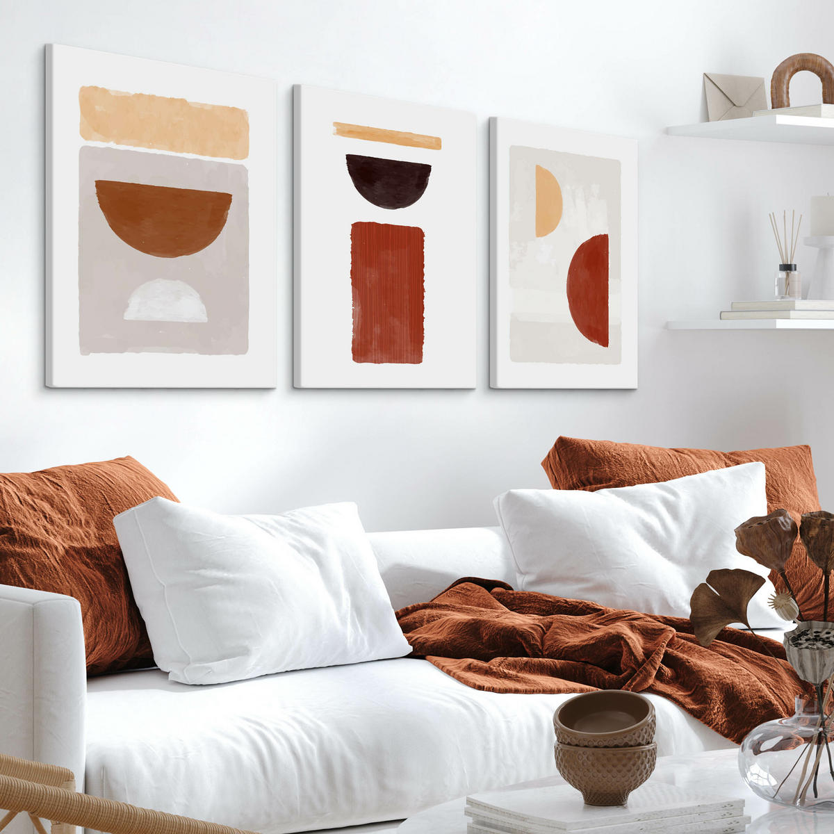LEINWANDBILDER 3-er Set Abstraktion Boho - Beige/Rot, Textil (90/40cm) - Muralo