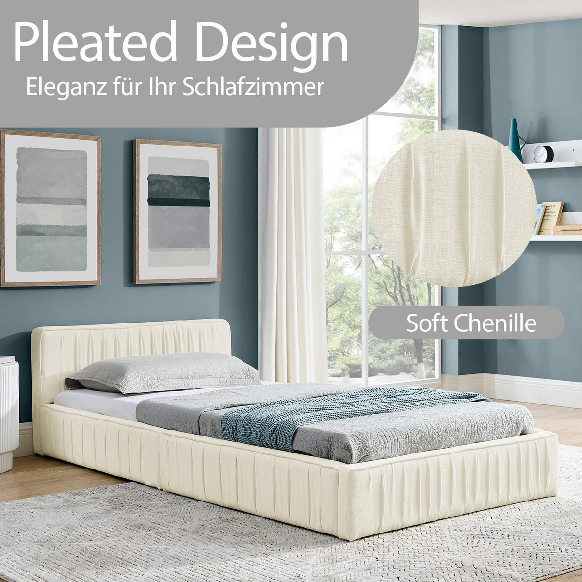 EINZELBETT 90x200 cm Chenille Holzrahmen beige - Beige, Kunststoff (90/200cm) - LEBENLANG