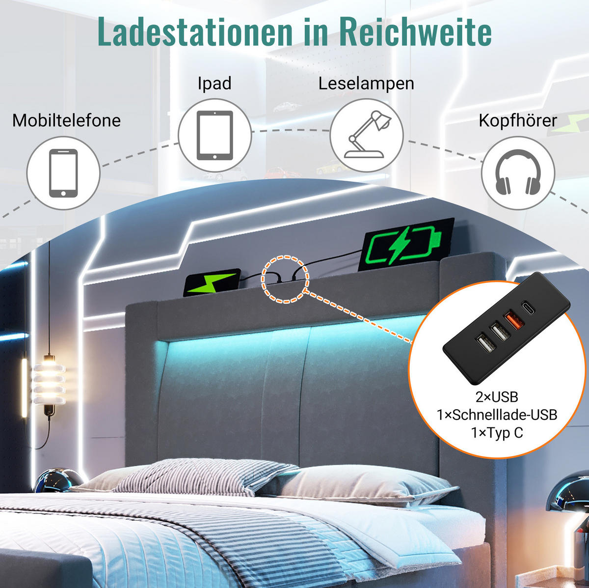 POLSTERBETT 90/200 cm Grau aus Samt mit Stauraum und LED-Beleuchtung - Grau, Textil (90/200cm) - OKMYHOME