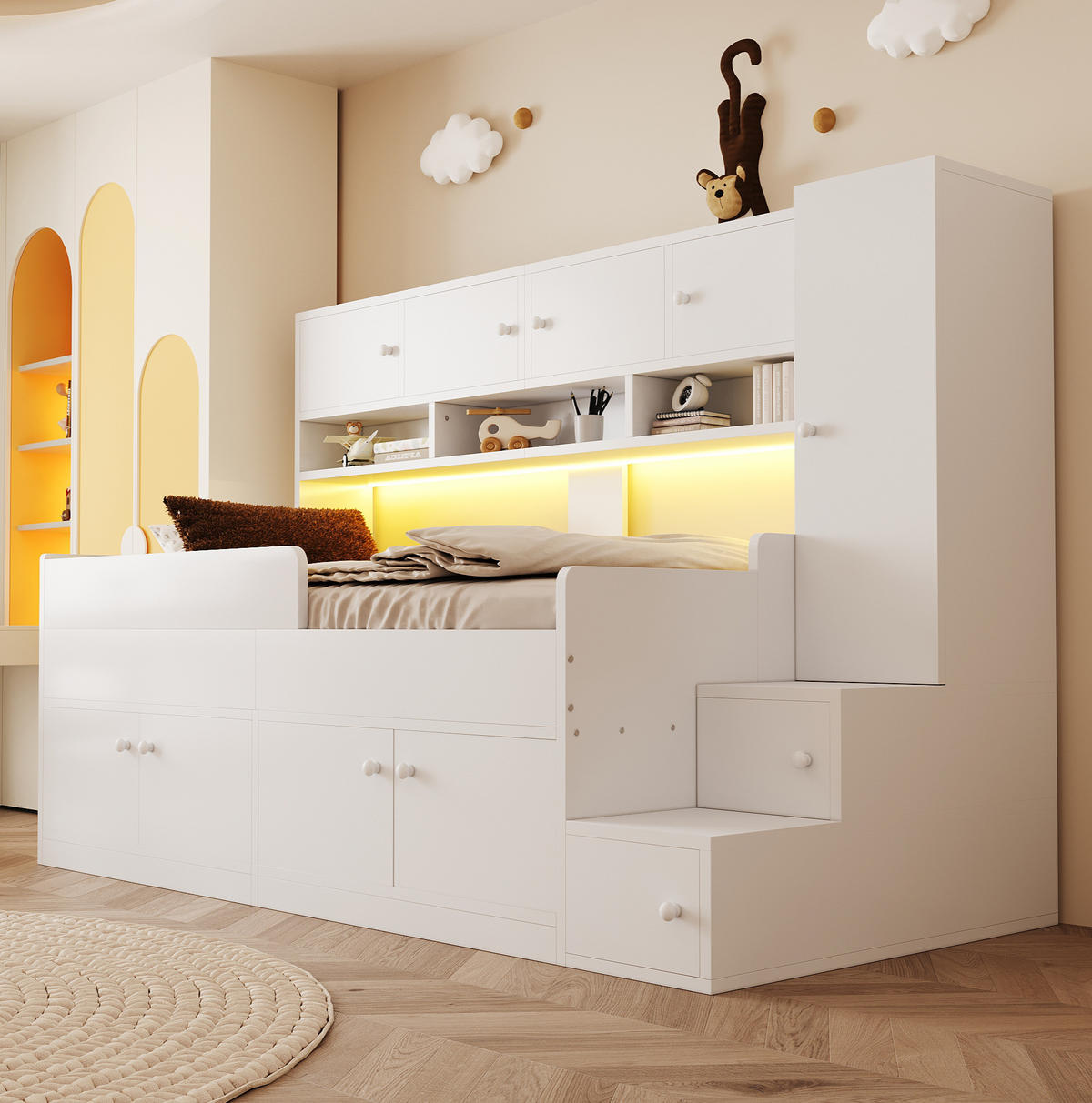 KINDERBETT 90/200 cm Weiß aus Holz mit Stauraum und LED-Beleuchtung - Weiß, Holz (90/200cm) - OKMYHOME