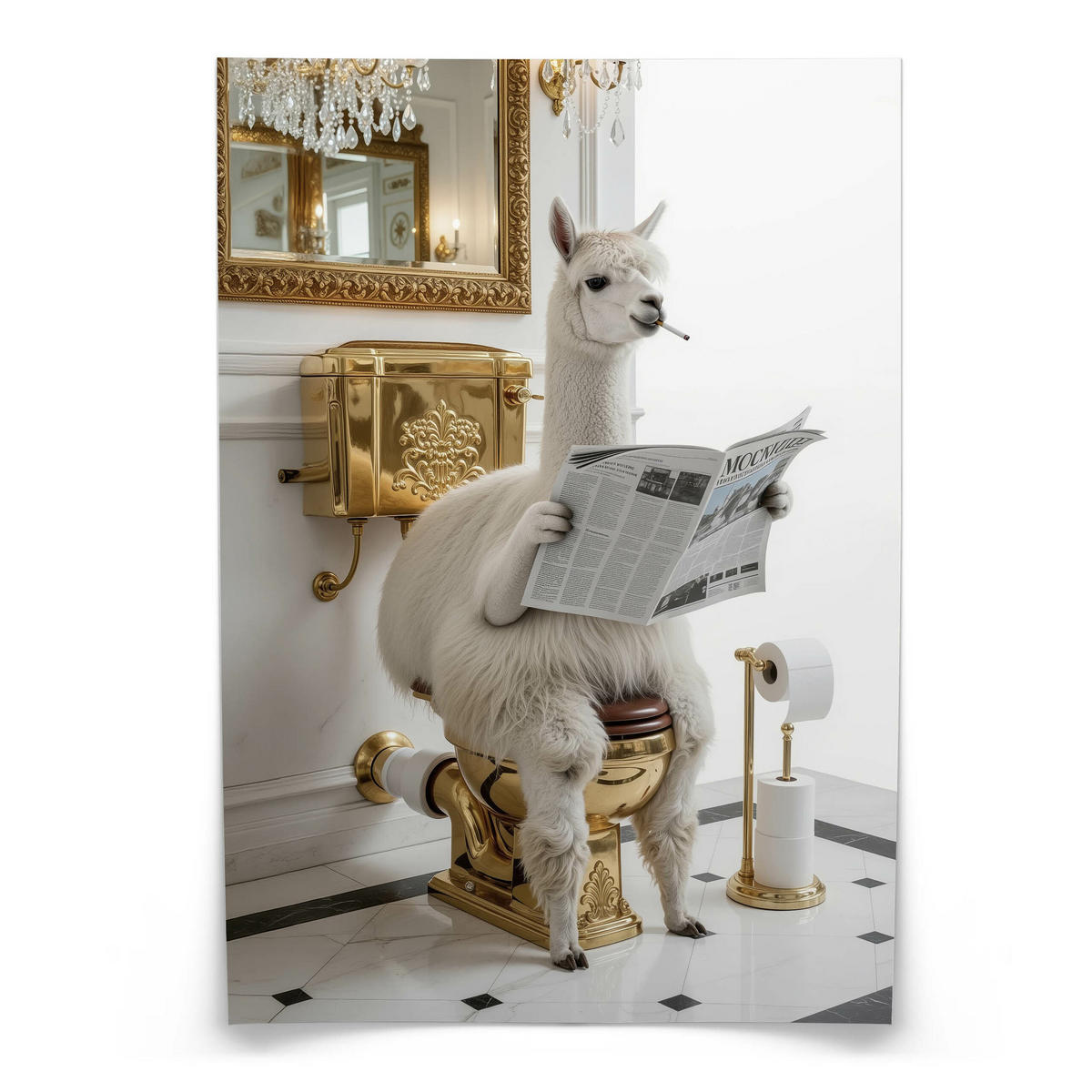 POSTER für Badezimmer WC LAMA mit Zeitung auf Toilette Glamour Abstraktion 50x70cm - Gelb/Beige, Papier (50/70/70cm) - Muralo