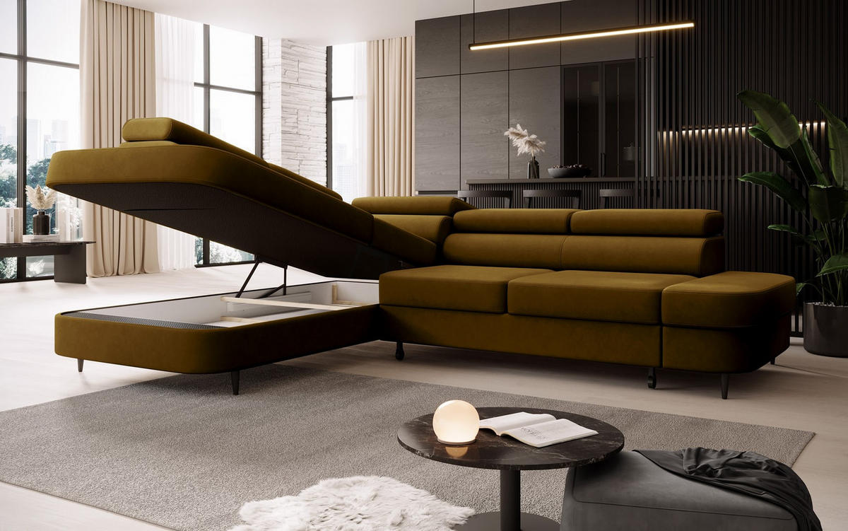 ECKSOFA Priam L-Form mit Schlaffunktion und Stauraum Modern Form Gold - Goldfarben, Holz/Textil (275/203cm) - Muffo