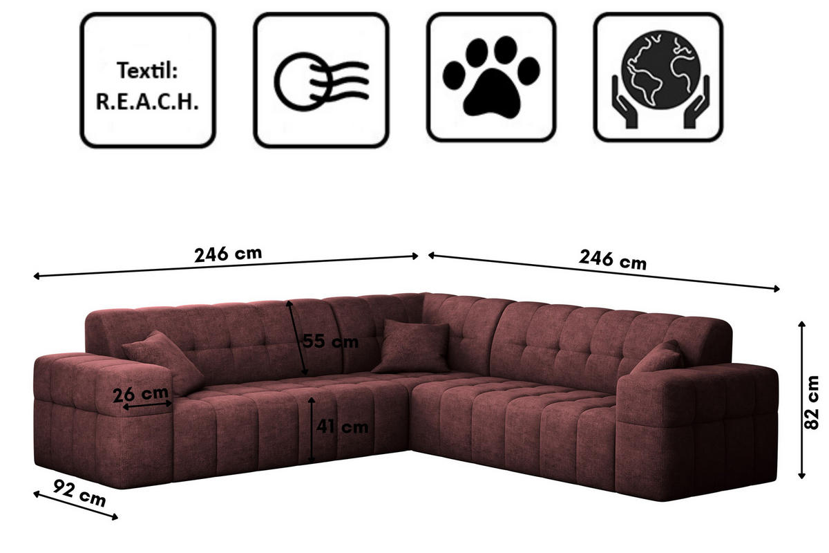 ECKSOFA Corner NIMES Stoff Perfect Harmony Rotwein - Rot, Holz (246/246cm) - Kaiser Möbel