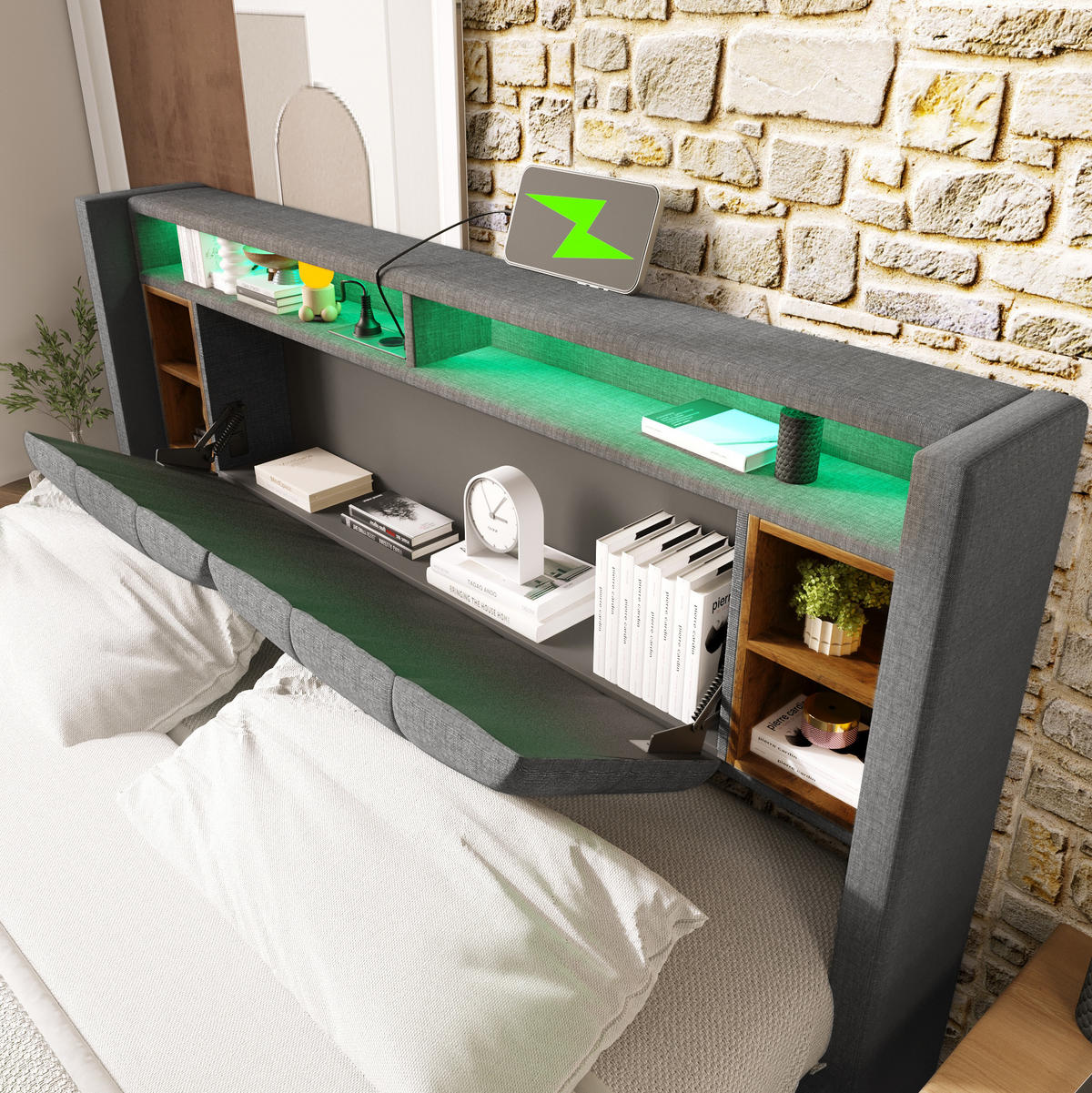 POLSTERBETT 140/200 cm mit LED, USB und Stauraum-Kopfteil in Grau - Grau, Holz (140/200cm) - BEAOK