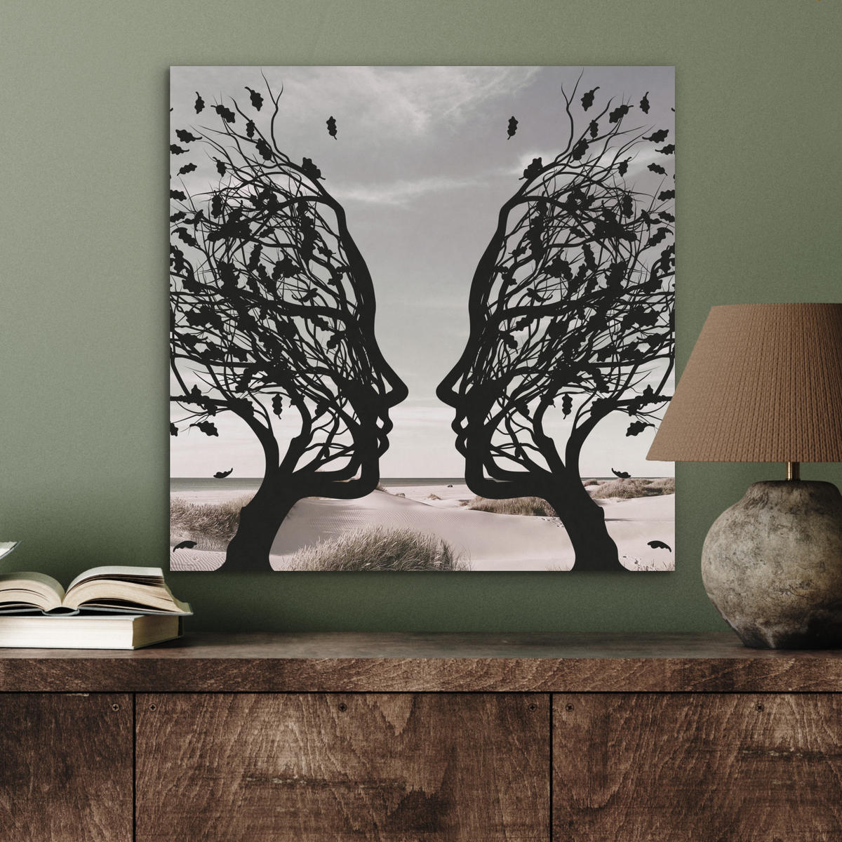 AKUSTIKBILD Strand - Meer - Menschen - Baum - Moderne Kunst Wandbilder 60x60 cm - Hellgrau, Kunststoff (60/60/0.9cm) - MuchoWow