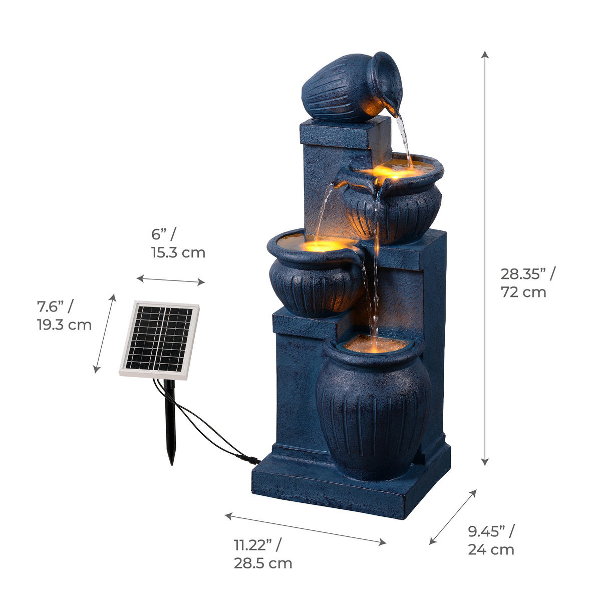 GARTENBRUNNEN Solar, 4-stufig, LED, 72cm, Navy - Blau, Stein (29/24/72cm) - Teamson Home