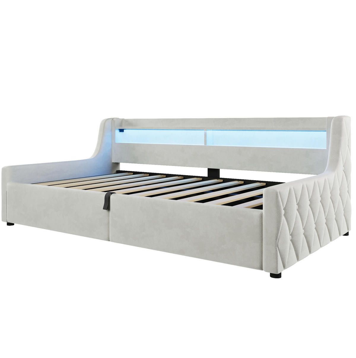 POLSTERBETT 90x200 cm in Off White mit LED-Kopfteil und hydraulischem Bettkasten - Creme, Textil (90/200cm) - IVMEU