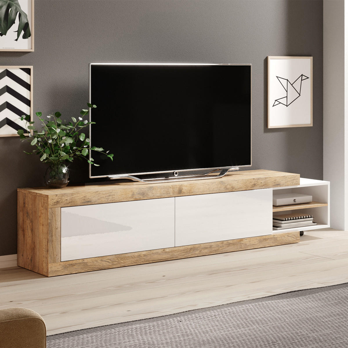 TV-MÖBEL Azior Weiß und Holz - Weiß, Holzwerkstoff (200/43.4/40cm) - Petits-meubles