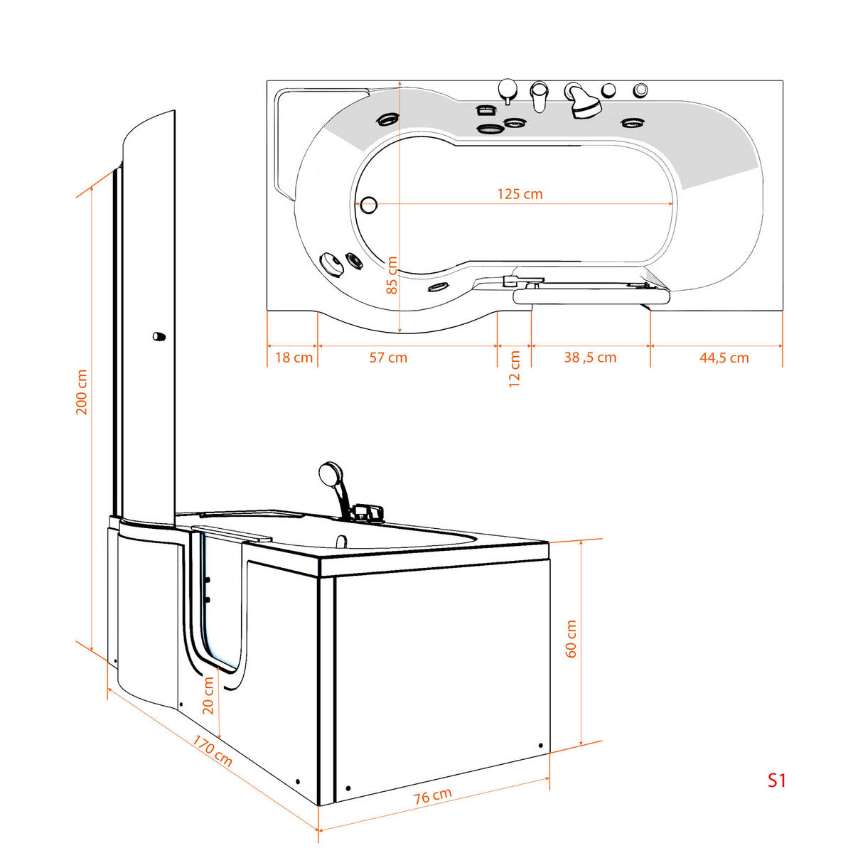 SENIORENDUSCHE Sitzwanne mit Tür S12D-R-EC 85x170 cm - Weiß, Glas/Kunststoff (85/170/200cm) - AcquaVapore by Sandra Jentho