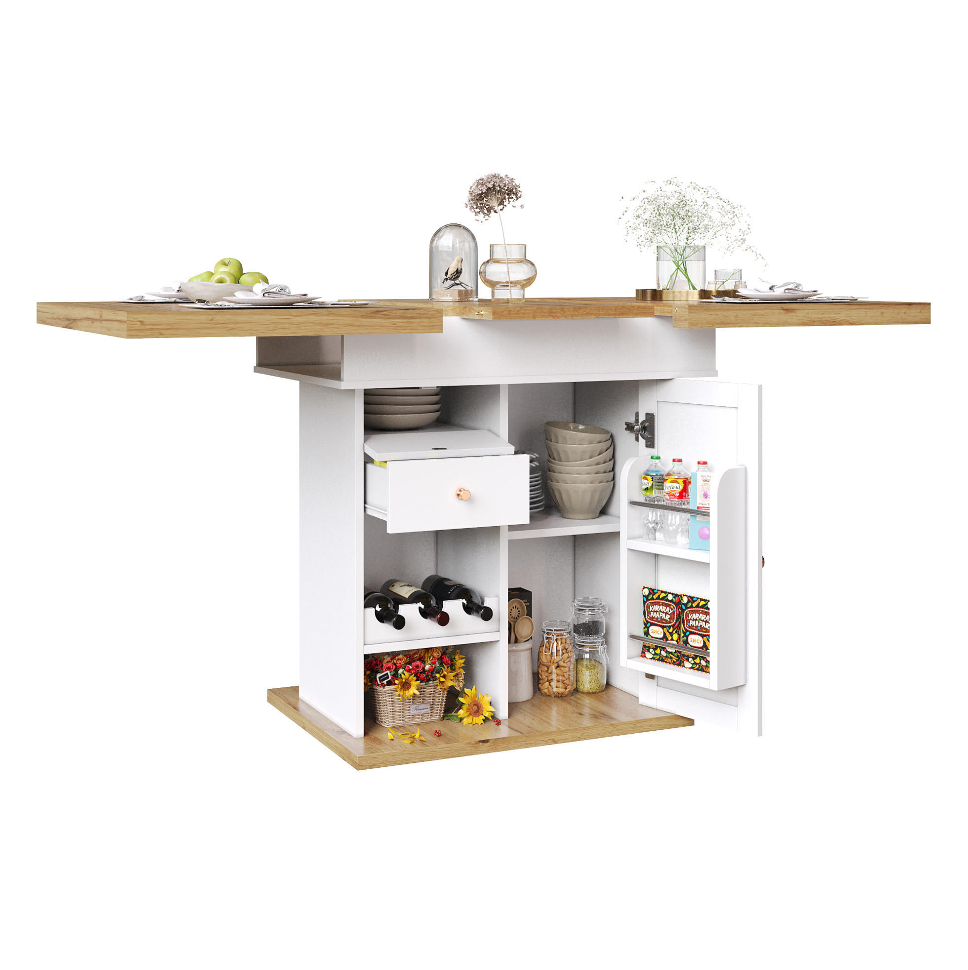 JEDÁLENSKÝ stôl 110/140/80 cm biela prírodná, rozkladací s úložným priestorom - prírodná farba, kompozitné drevo (140/80/75cm) - BEAOK