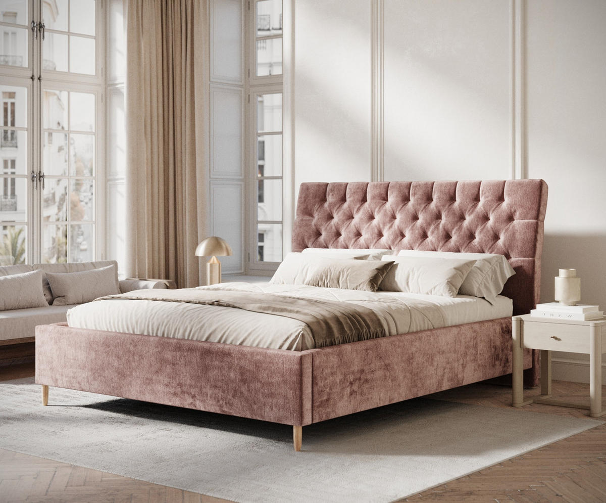 POLSTERBETT Vezzola Rosa 180/200 cm im Chenille-Stoff - Pink/Naturfarben, Holz/Holzwerkstoff (180/200cm) - Maison de Reve