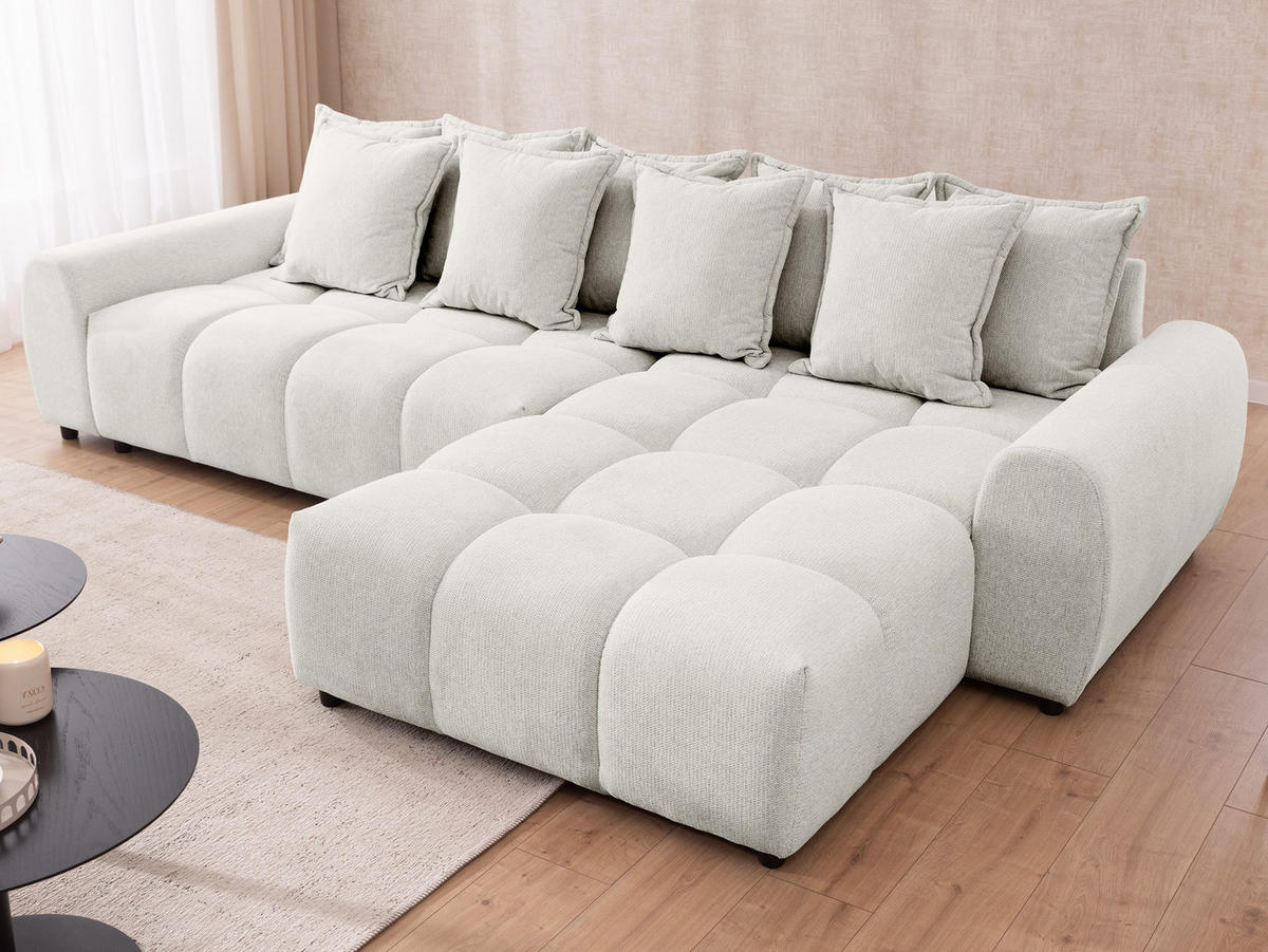 ECKSOFA Bubble mit losen Rückenkissen und Sitzfläche in Bubble-Optik aus weichem Creme Strukturstoff mit schöner Sitzkomfort - Ottomane rechts - Creme/Schwarz, Holz/Kunststoff (306/180cm) - S-Style Möbel