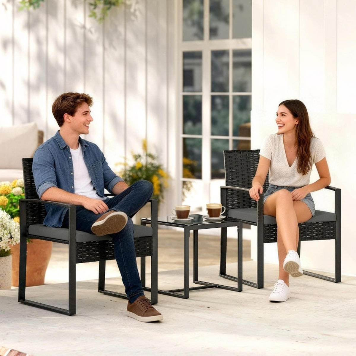 ZAHRADNÍ bistro set z oceli 55x58x76 cm tmavě šedý se 2 křesly, stolkem a odnímatelnými polštáři - tmavě šedá, kov - Modfu
