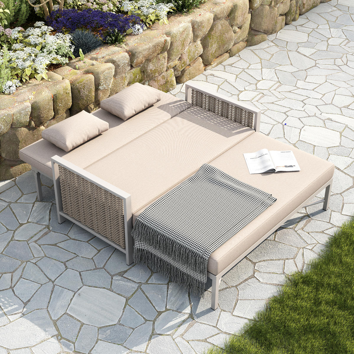 GARTENMÖBEL, 2-Personen Outdoor-Liegebett, Rückenlehne 0-65°, Khaki/Beige - Hellbraun, Textil (131.5/91/151.3cm) - FLIEKS