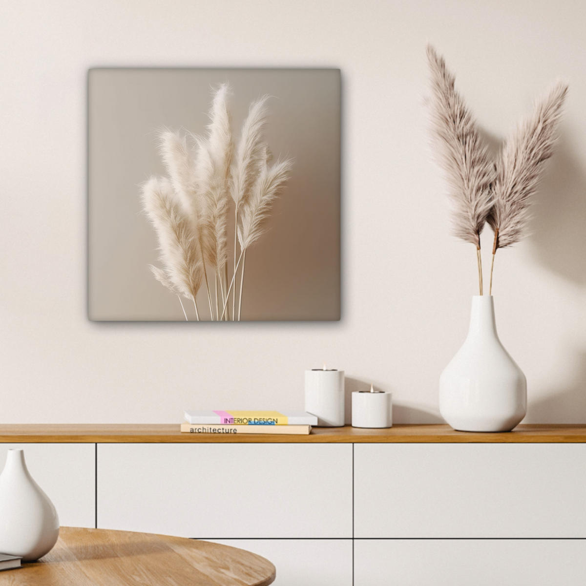 LEINWANDBILD Pampasgras - Federn - Pastell - Weiß Wandbild Wohnzimmer 50x50 cm - Naturfarben, Textil (50/50cm) - MuchoWow