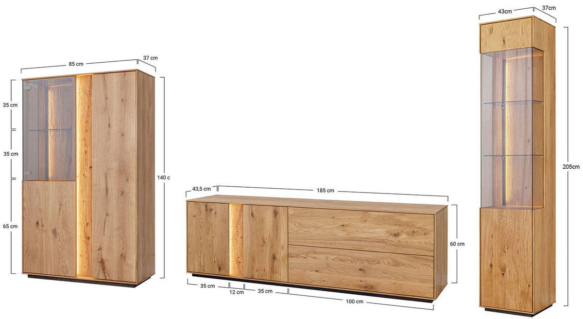 WOHNZIMMER-SET Collodi Wildeiche Natur - Sideboard 185cm - Türanschlag links - Wildeiche/Eichefarben, Holz (313/205/43.5cm) - Feldmann-Wohnen