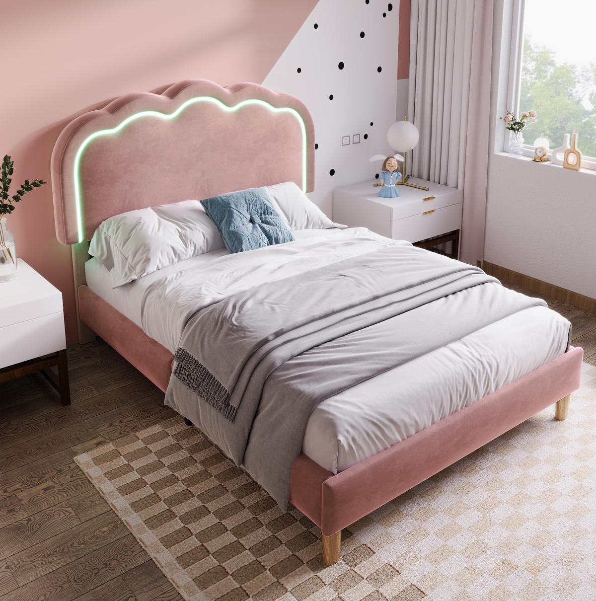 BETT mit LED-Kopfteil 90x200 cm Samt Pink - Pink, Metall (90/200cm) - Meubliv