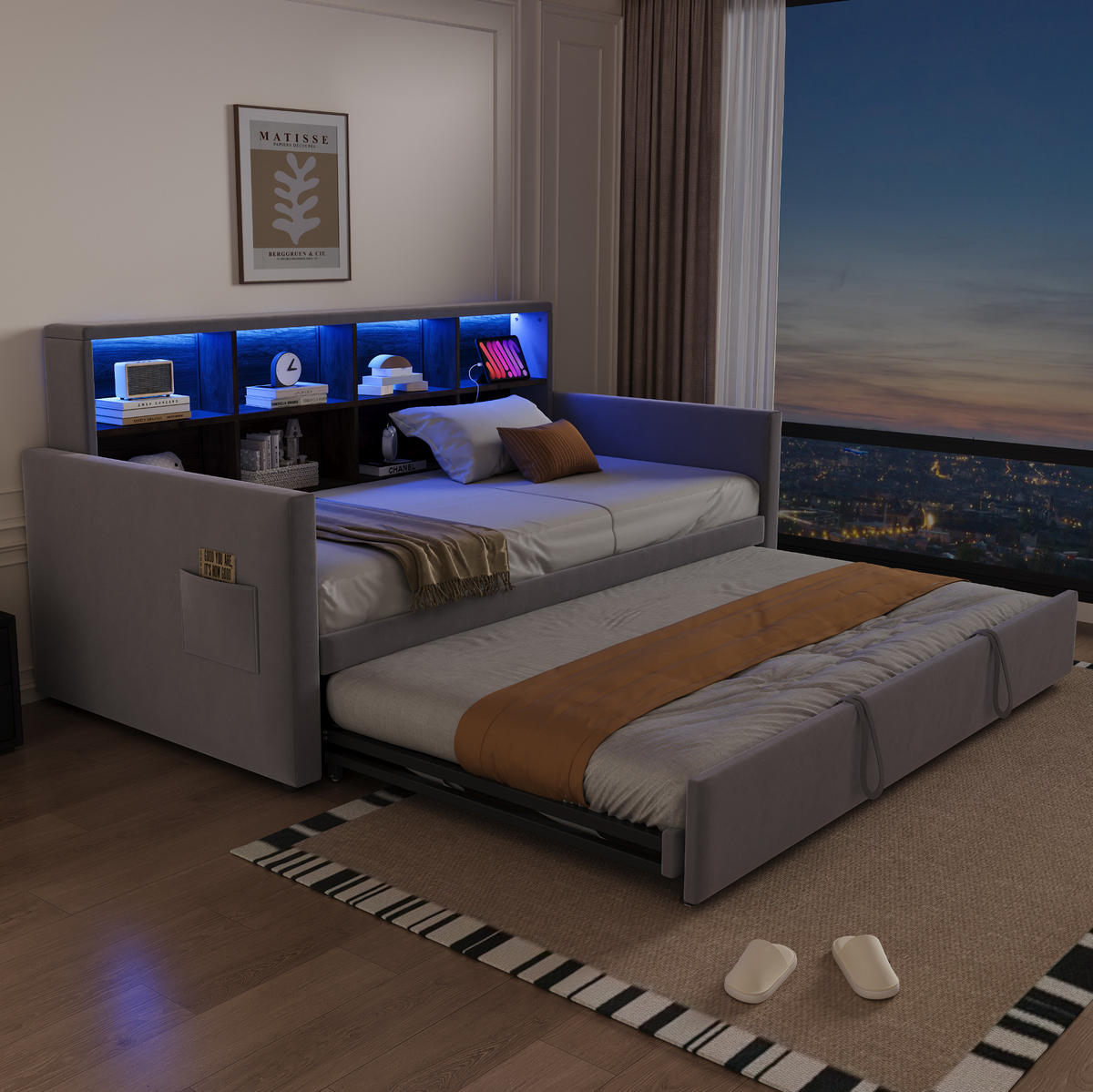 ČALÚNENÁ posteľ z zamatu 90x190 cm svetlosivá s výsuvným lôžkom, LED osvetlením a nabíjaním - svetlosivá, textil (90/190cm) - Modfu