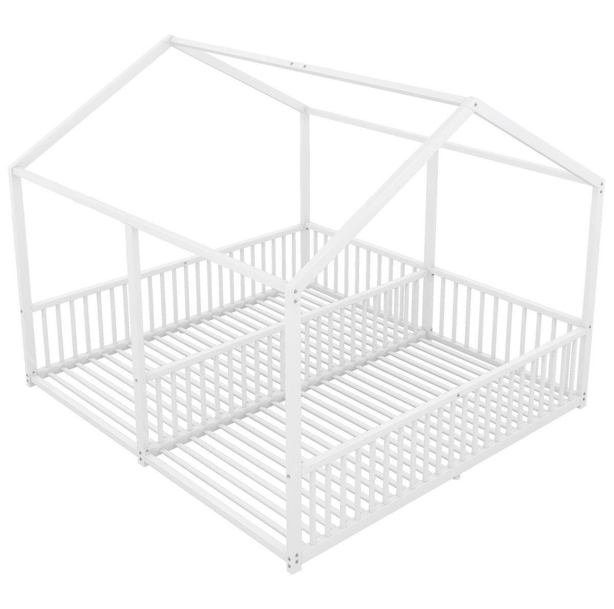 HAUSBETT aus Metall 90x200 cm Weiß mit Leiter, Geländer und Hausform - Weiß, Metall (90/200cm) - Modfu