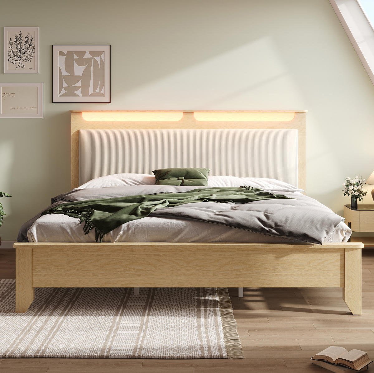 POLSTERBETT mit LED-Beleuchtung 140/200 cm mit Lattenrost und Stauraum - Beige, Textil (140/200cm) - BEAOK