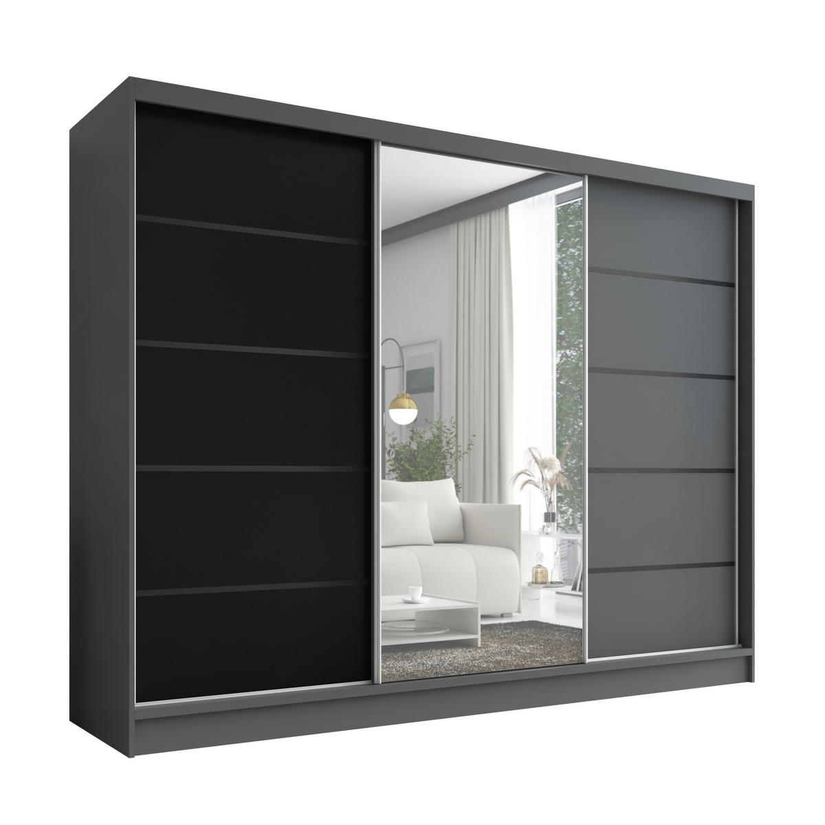 SCHWEBETÜRENSCHRANK 200 cm AURELIA 2 Farbe: Graphit, Schwarz, Graphit - Graphitfarben/Schwarz, Holzwerkstoff (200/215/60cm) - A&J MöbelLand