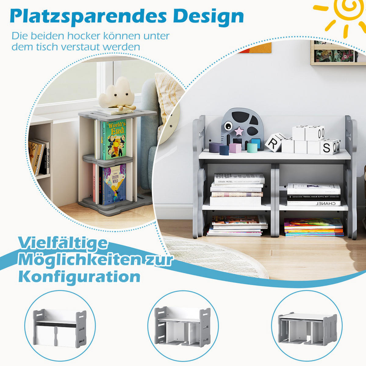 KINDERTISCH mit 2 Stühlen grau(3-tlg) - Grau, Holzwerkstoff (68/52/39cm) - COSTWAY