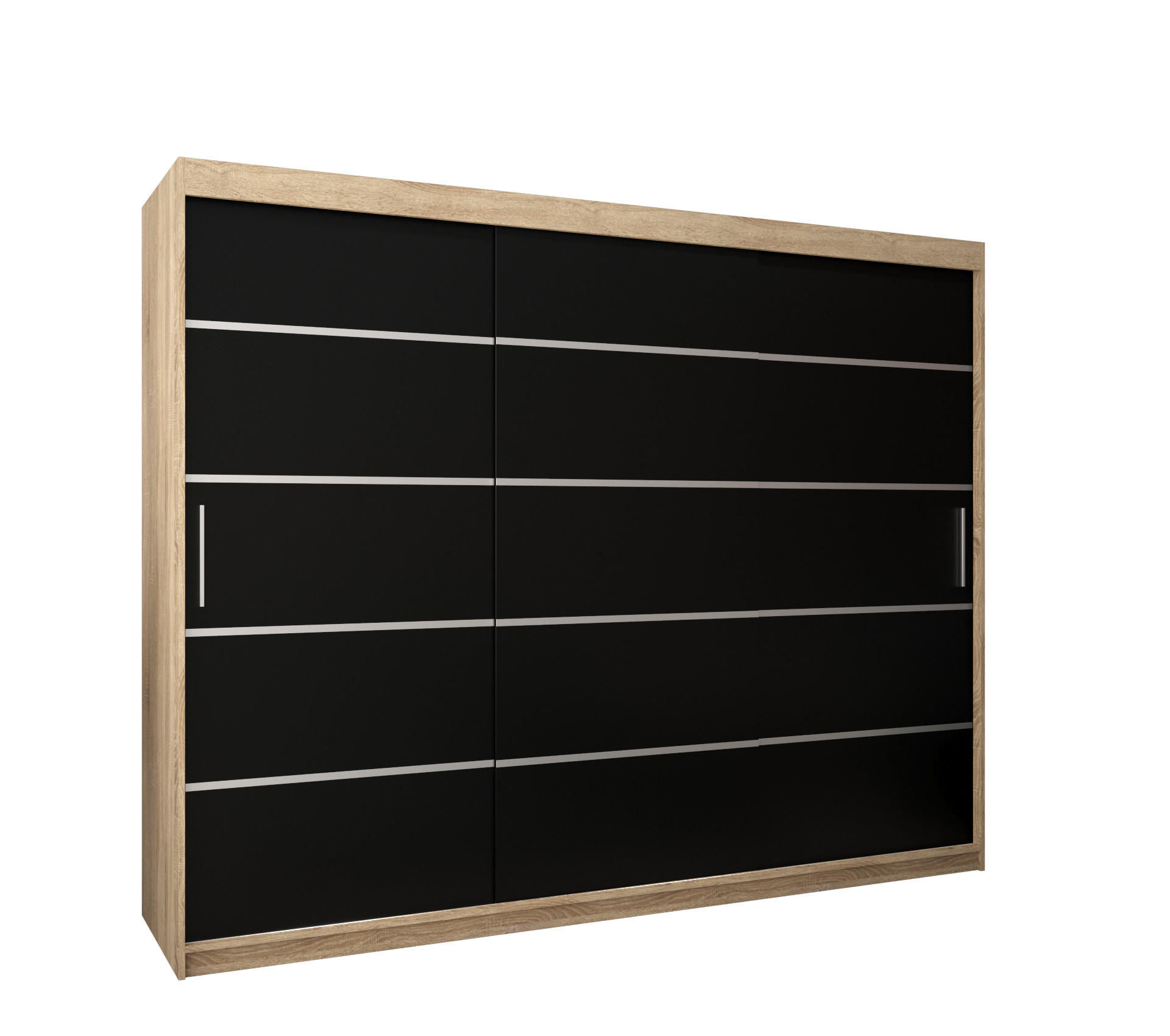 Abiks Möbel Schwebetürenschrank Sonoma Eiche, Schwarz, Silber 250x200x62 cm