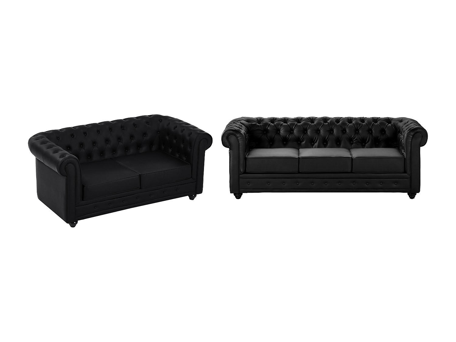 COUCHGARNITUR - 5 Personen - kunstleder - schwarz Chesterfield - Schwarz, Leder/Holz (165/72/88cm) - Vente-Unique