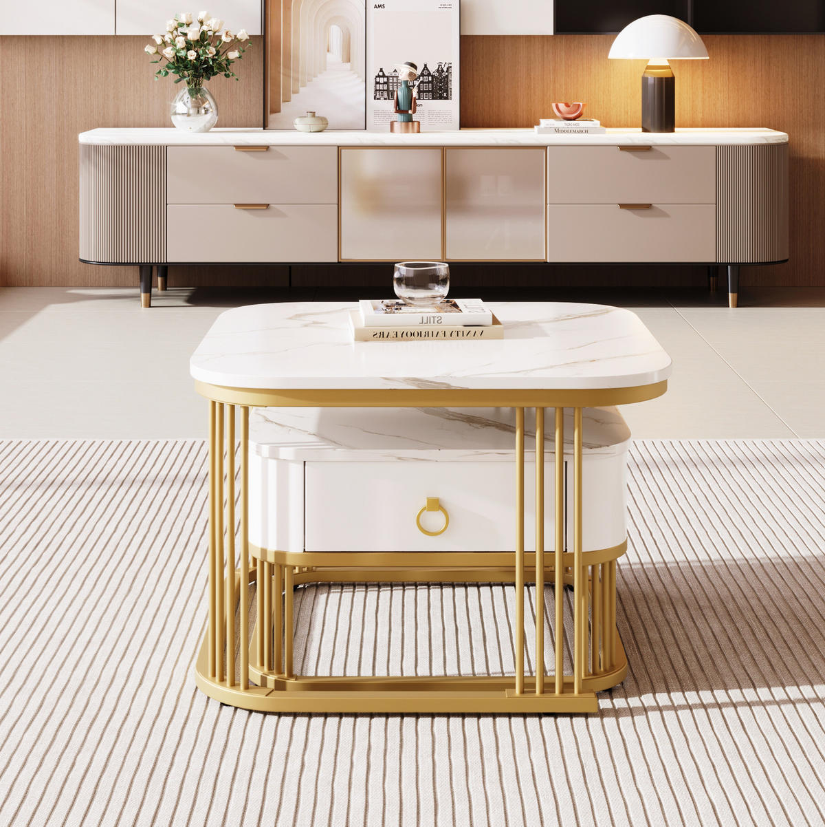 COUCHTISCH-SET 60/60/45 + 50/50/34 cm in Marmoroptik mit Schublade - Weiß, Holzwerkstoff (60/60/45cm) - Flora Grace