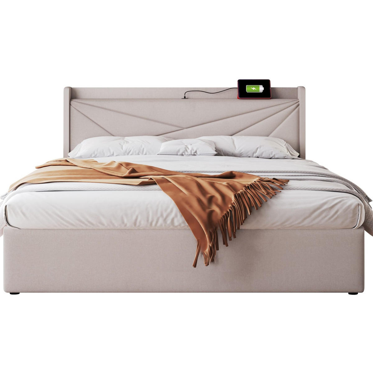 POLSTERBETT 140/200 cm aus Baumwoll-Leinen-Mix mit Bettkasten und USB-C Beige - Beige, Textil (140/200cm) - Modenvie
