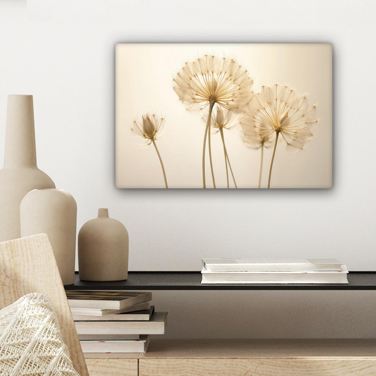 LEINWANDBILD Sonnenlicht - Löwenzahn - Botanisch - Blumen Deko Schlafzimmer 30x20 cm - Creme, Textil (30/20cm) - MuchoWow