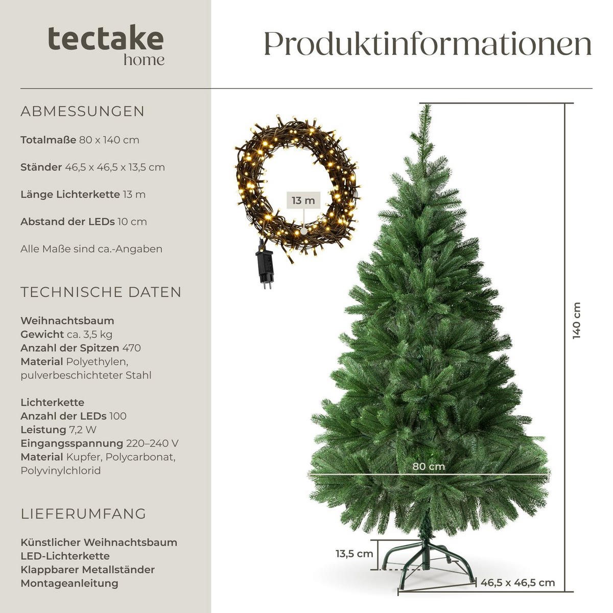 SET WEIHNACHTSBAUM MIT LICHTERKETTE , inklusive Metallständer mit Kunststoffkappen, grün - Grün, Kunststoff (140cm) - tectake