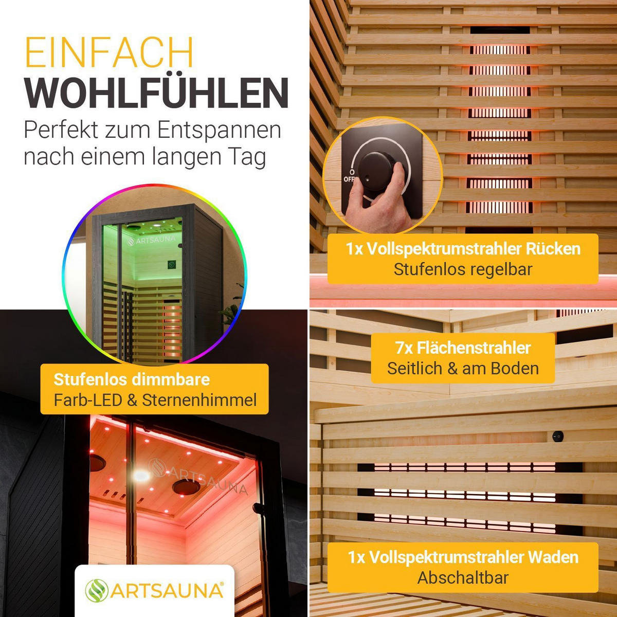 INFRAROTKABINE Trondheim90 natur mit Dual-Technologie & Hemlockholz - Schwarz, Holz (90/190/90cm) - Artsauna