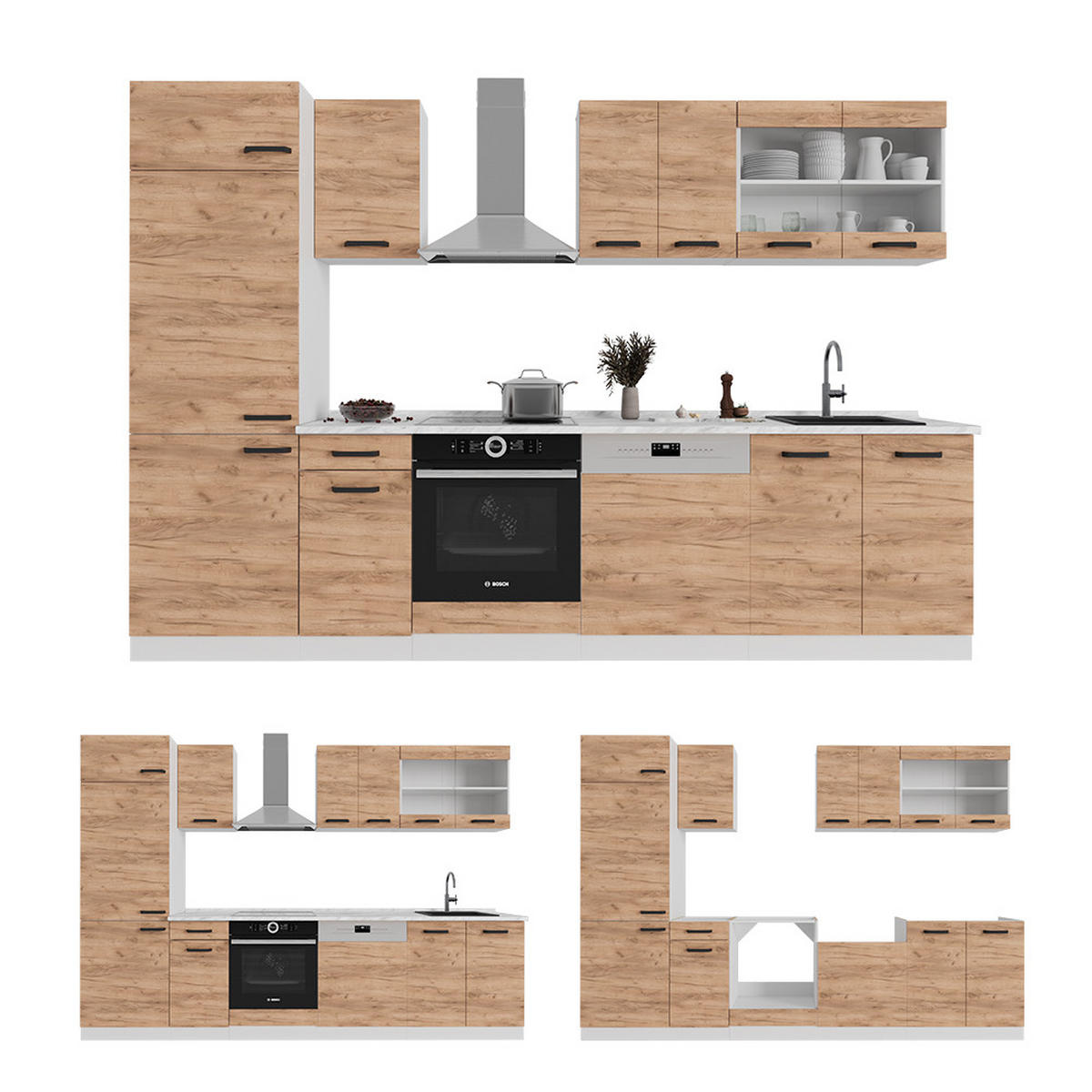 KÜCHENZEILE R-Line Goldkraft Eiche/Weiß 240 cm AP Eiche - Eiche Wotan/Weiß, Holzwerkstoff (240/81.6/60cm) - Vicco