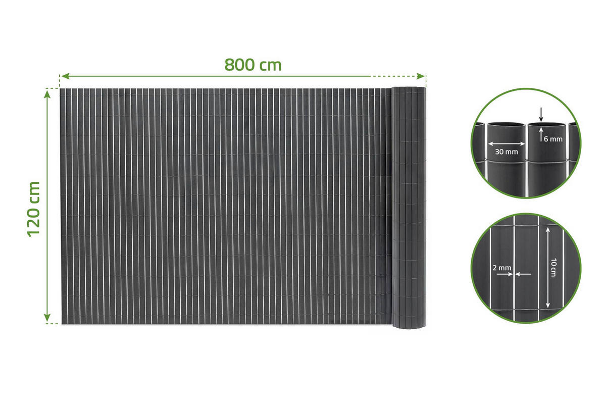 PVC Sichtschutzmatte VISO doppelseitig 8m x 1,2m Anthrazitgrau - Anthrazit, Metall (800/120cm) - Casanoov