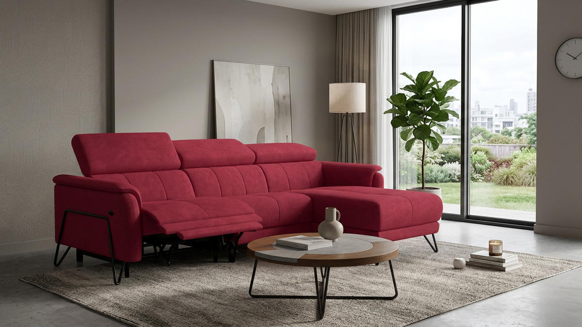 ECKSOFA RODEN 4-Sitzer mit Relax, rostrot, Veloursstoff - Rot, Holz/Textil (268/92cm) - Wozimo