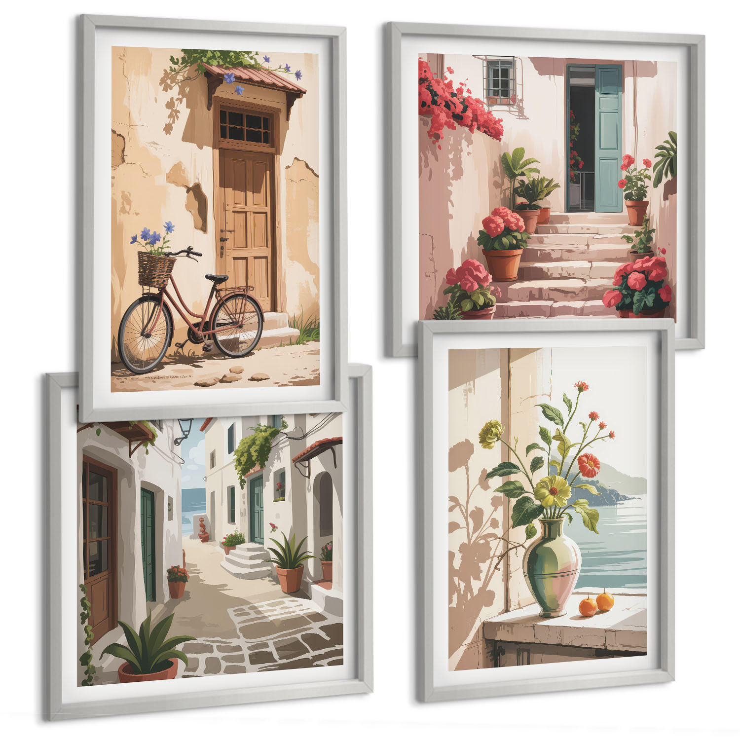 BILDER SET 4er Set - 50x50 cm & 40x60 cm Silberner Rahmen - Straßenblumen, Fahrrad bemalt - Silberfarben, Kunststoff (50/50cm) - TULUP