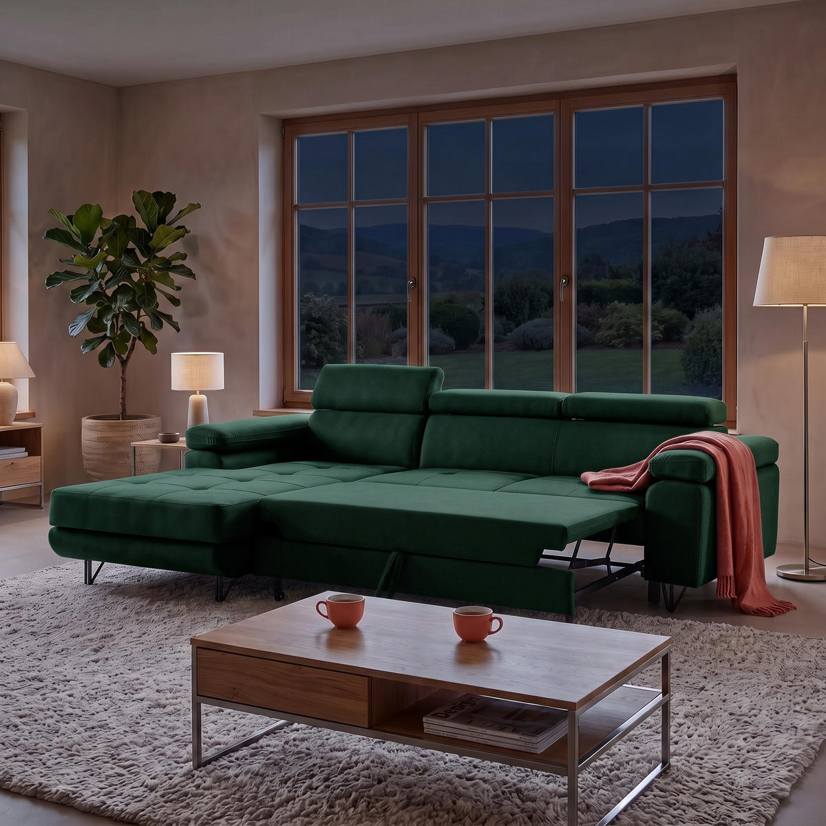 ECKSOFA NORIS L Links mit Schlaffunktion 128x203 Velours Dunkelgrün - Dunkelgrün/Schwarz, Holz/Textil (250/183cm) - Muffo