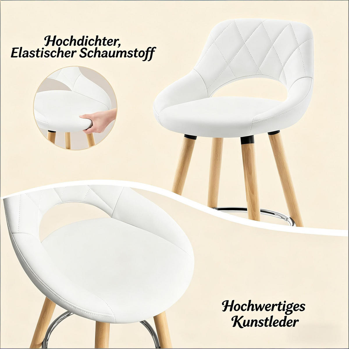 BARHOCKER Weiß 1er-Set mit Rückenlehne aus Kunstleder und Holzbeinen - Weiß, Holz (43/70/40cm) - PANGIVO