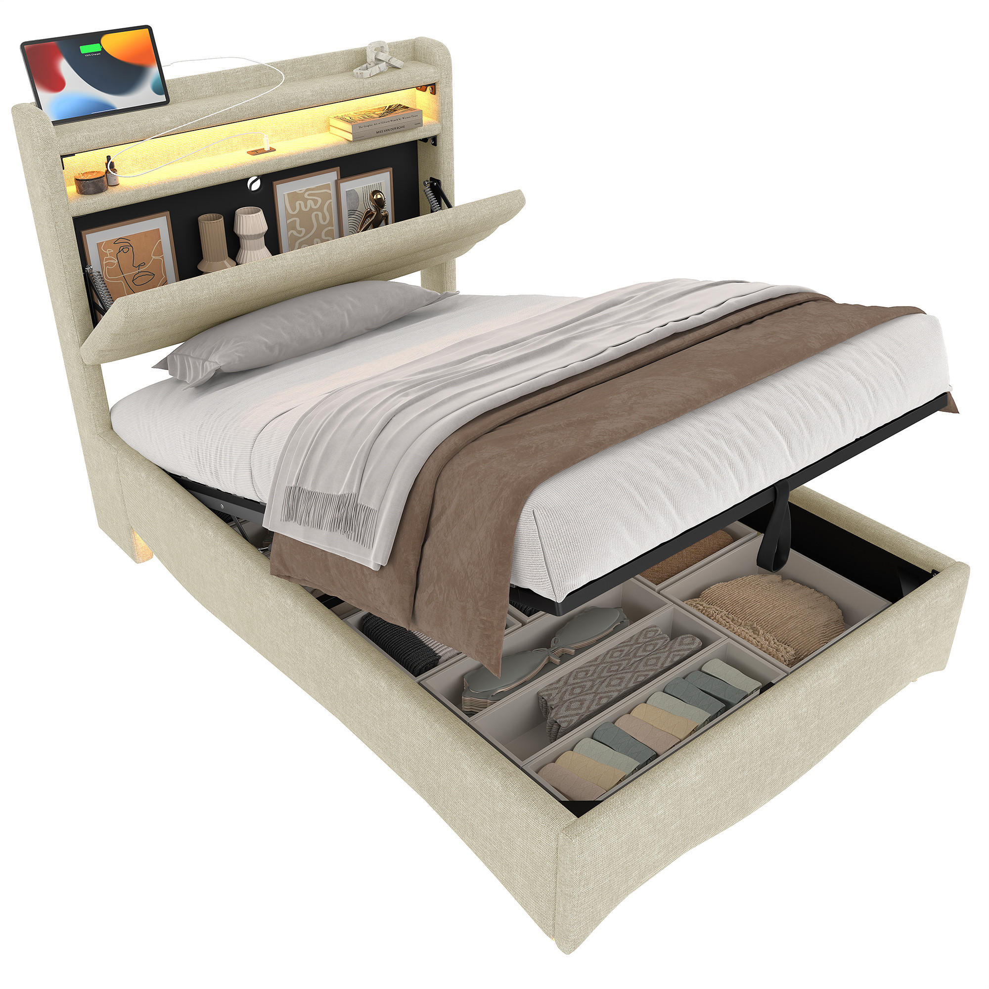 POLSTERBETT 90x200cm Beige LED Hydraulik USB Leinen - Beige, Holz (90/200cm) - FLIEKS