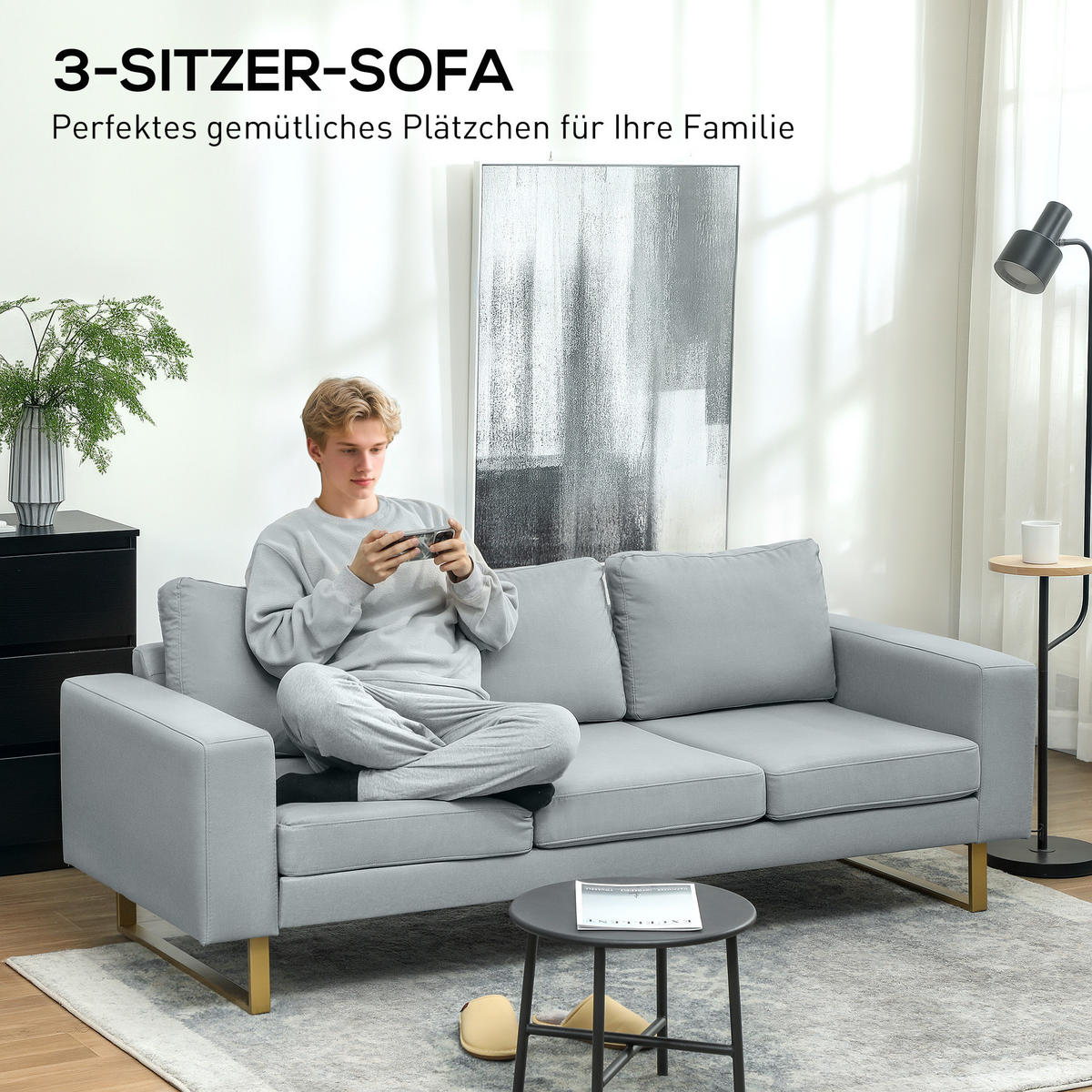 3-SITZER-SOFA Polyester Schaumstoff Hellgrau - Hellgrau, Kunststoff (82/78/200cm) - HOMCOM