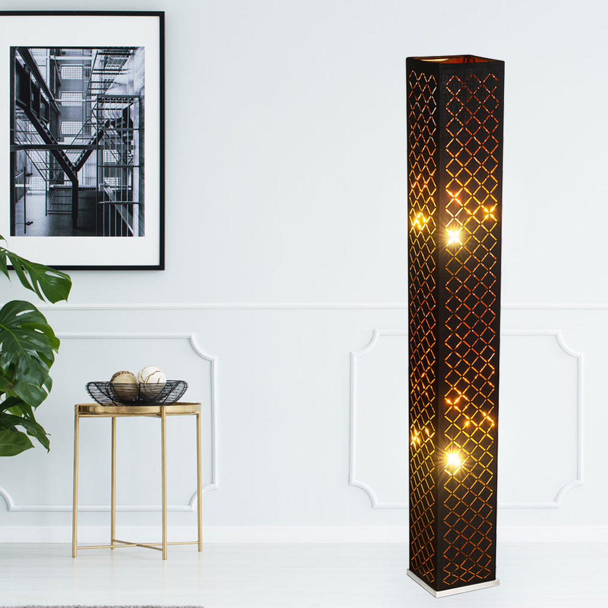 LED STEHLEUCHTE Clarke Schwarz Blattgold - Schwarz, Metall (15/15/118cm) - Globo Lighting
