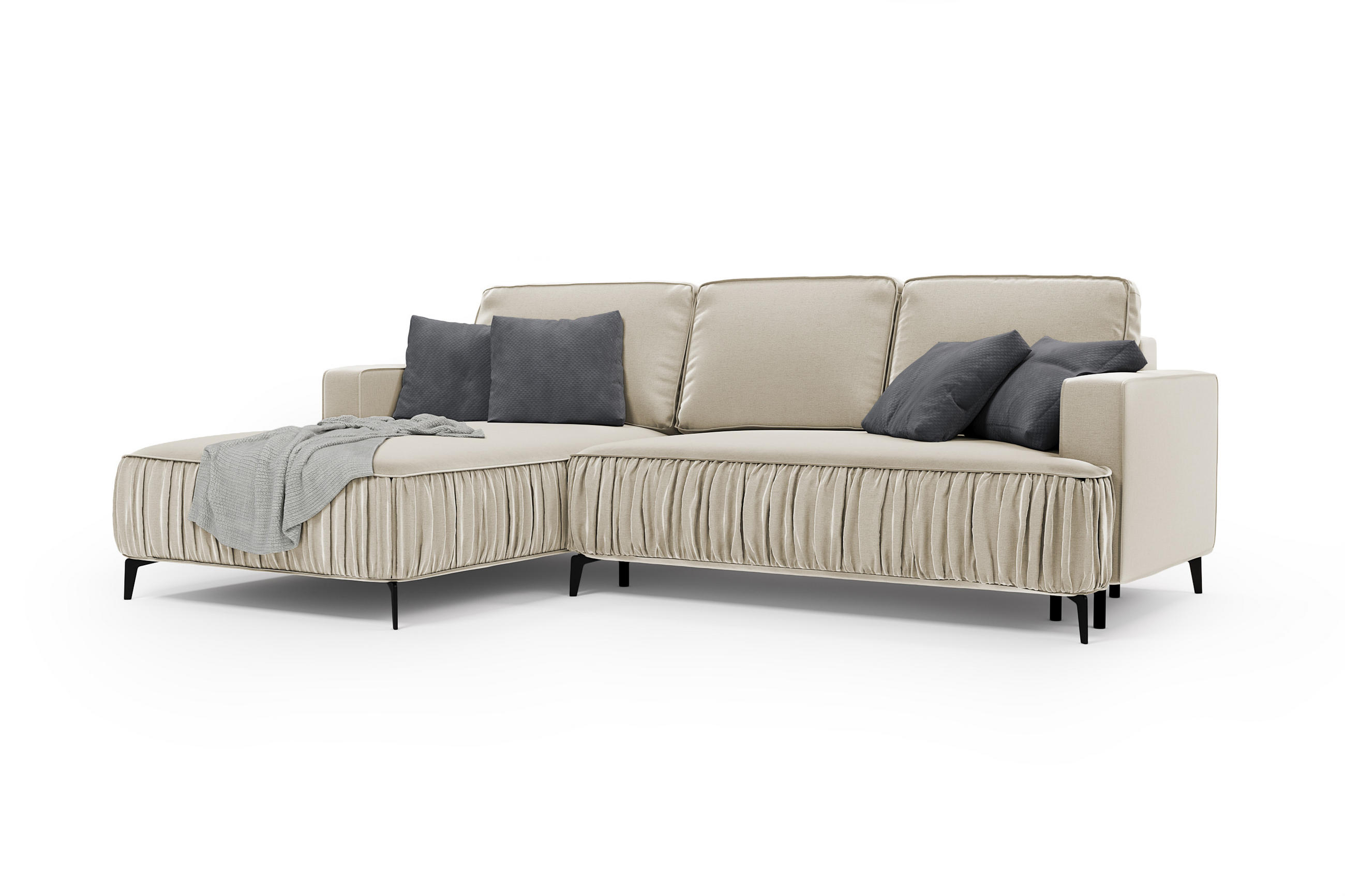 ECKSOFA GLANZ mit Schlaffunktion und Bettkasten – Beige, links - Beige/Schwarz, Textil/Metall (268/177cm) - MebleHot