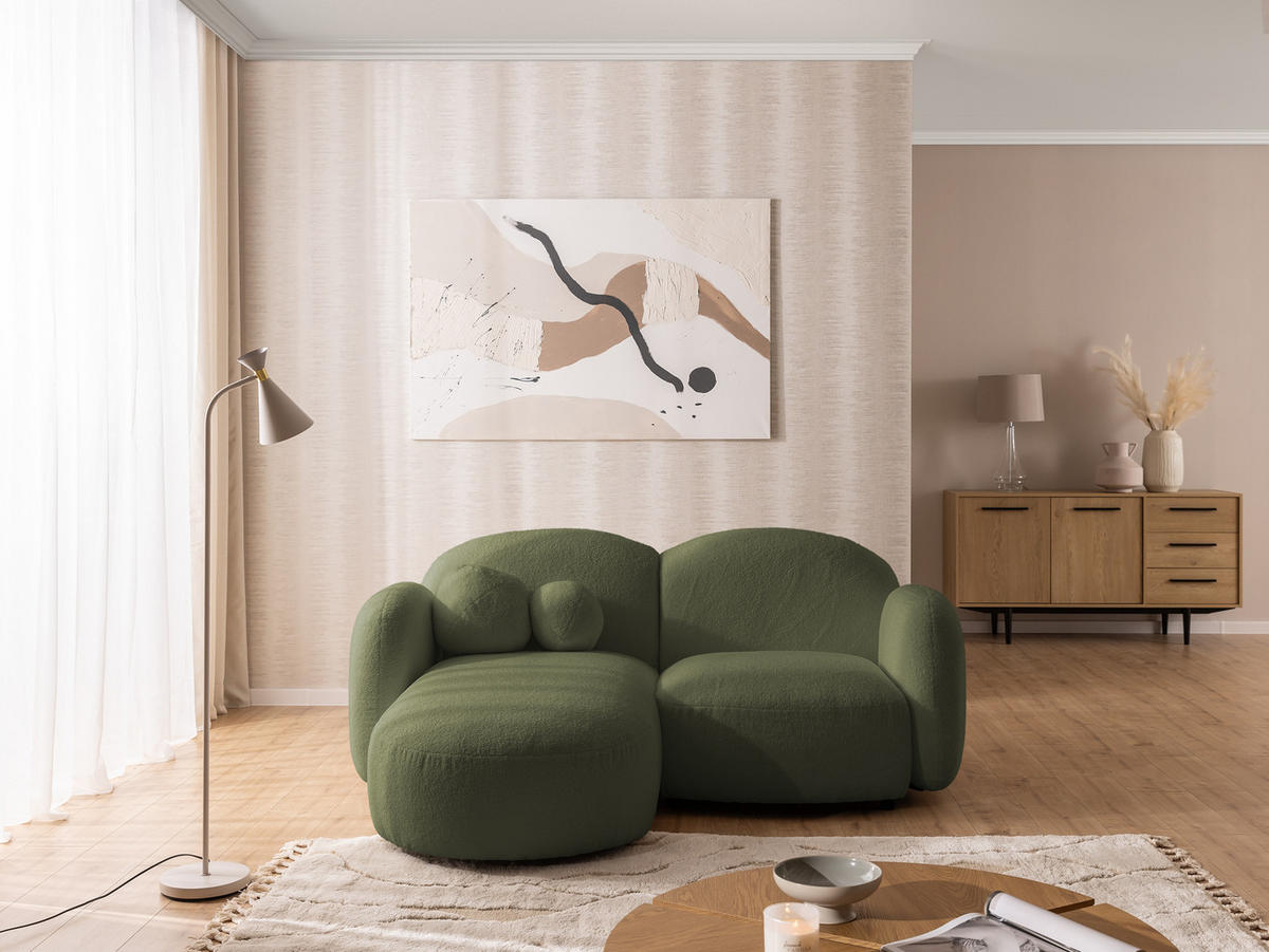 ECKSOFA Nuvola mit abgerundetem Design Grün Bouclé-Stoff - Ottomane Links - Schwarz/Grün, Holz/Kunststoff (190/146cm) - S-Style Möbel