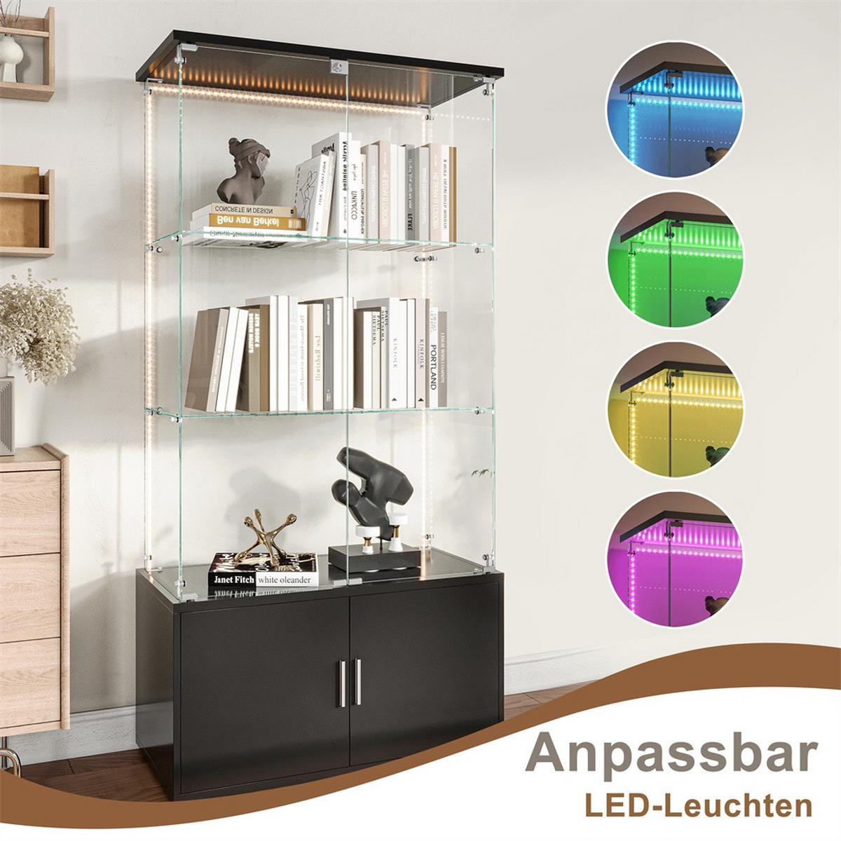 VITRINE - Glasvitrine mit Cabinet-Unterbau - 4 Türen und 3 Ebenen - LED-Lichtband-Beleuchtung - Schwarz - Schwarz, Glas (78.51/164/35cm) - DELFA