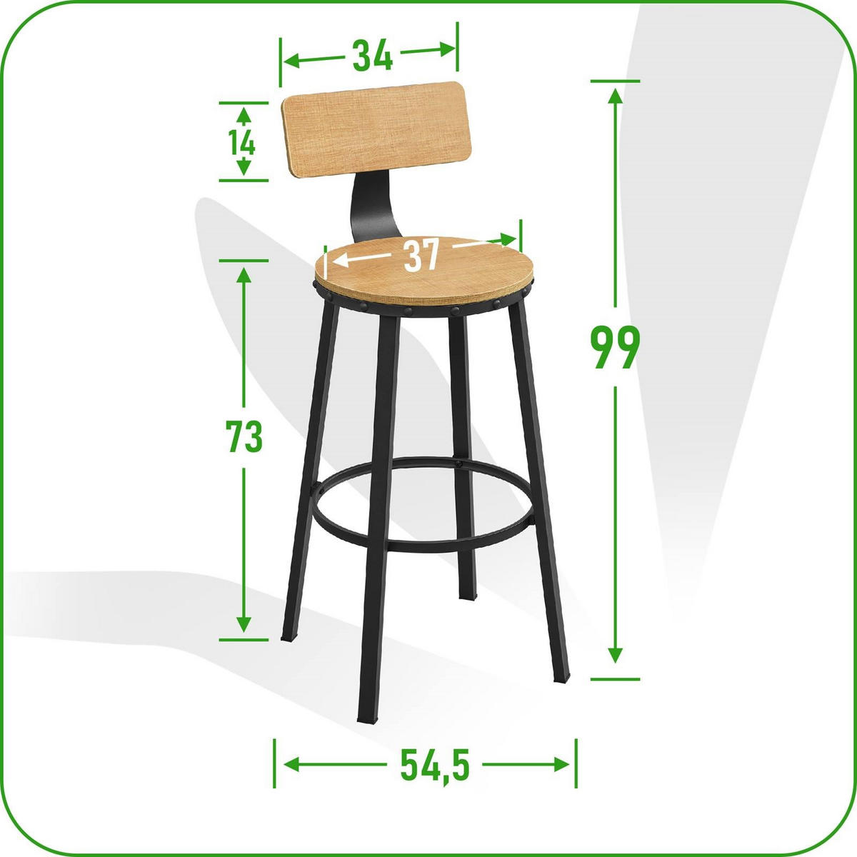 BARHOCKER Holzoptik Metall Honigbraun Schwarz 2er Set mit Rückenlehne 99x54,5x54,5 cm - Schwarz/Honig, Holzwerkstoff/Metall (37/99/55cm) - Begryf
