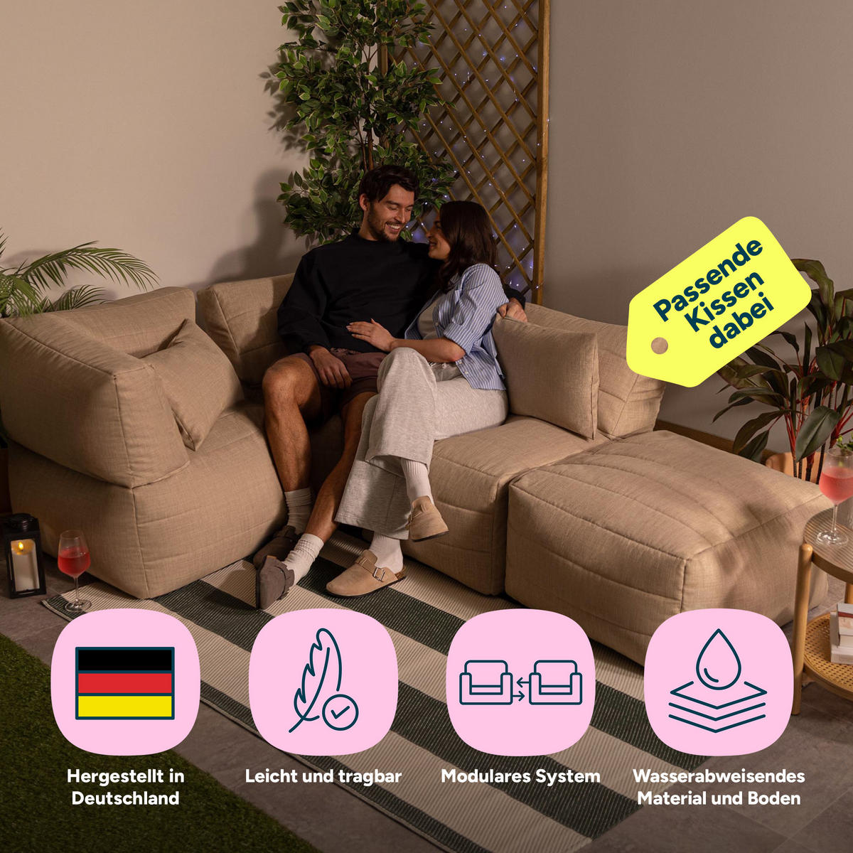 SITZSACK-SOFA 4-tlg. modular outdoor Noa - Beige, Textil (306/70/78cm) - icon