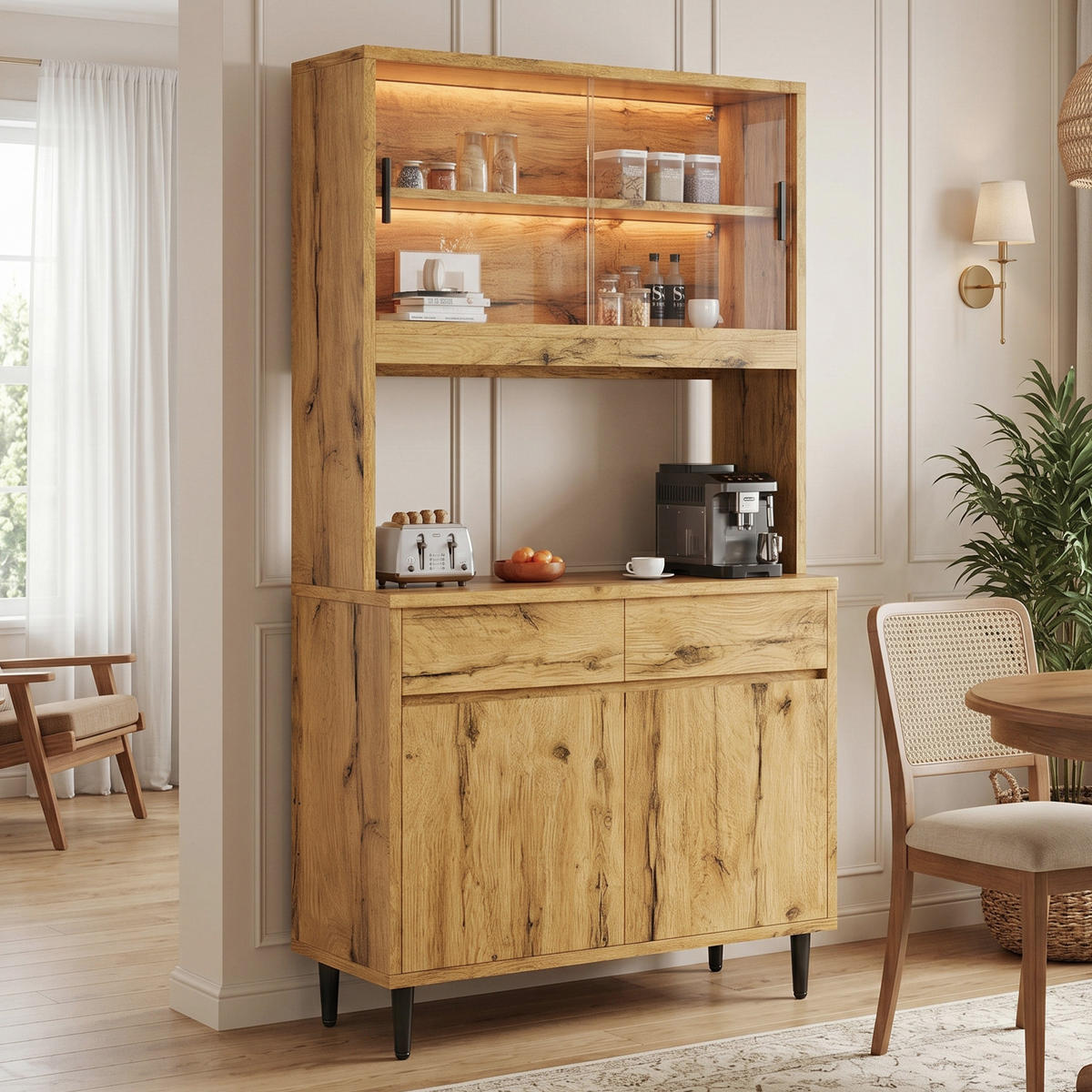 BUFFETSCHRANK 100x40x185 cm, 2 Steckdosen, USB-A/USB-C-Anschlüsse, LED-Lichtleiste, Eiche - Eichefarben, Holzwerkstoff (100/185/40cm) - FOHERE