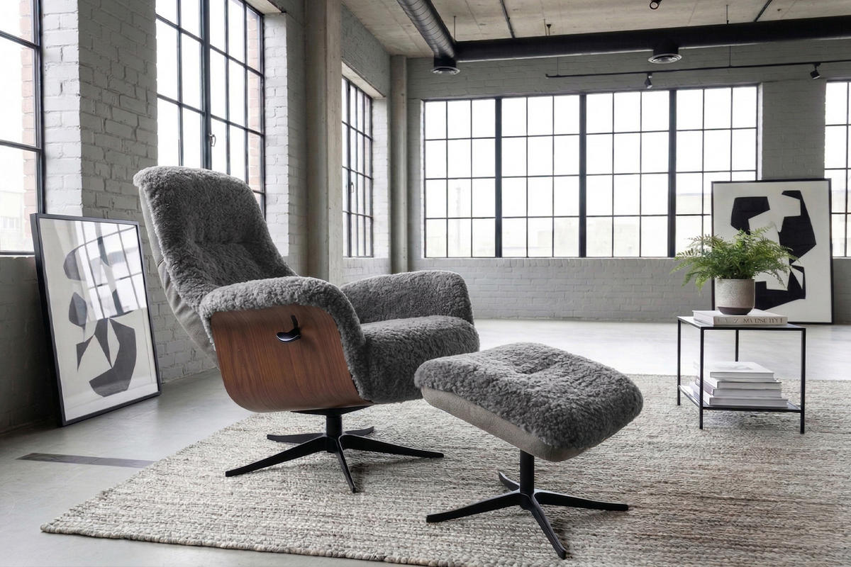 RELAXSESSEL SILVA Hellgrau Schaffell Relaxfunktion - Hellgrau/Schwarz, Naturmaterialien/Fell (77/106/86cm) - KAWOLA