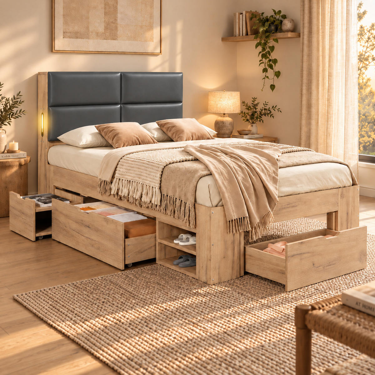 EINZELBETT aus MDF 90x200 cm Natur mit Schubladen, USB- und USB-C-Anschlüssen - Eichefarben, Holzwerkstoff (90/200cm) - Modfu